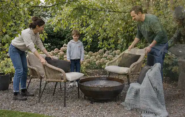 Familie stellt wetterfeste Sessel an einem geschützten Sitzplatz im Garten auf; Thema Bambus Sichtschutz, Schwerpunkt Materialwahl; Ergebnis.