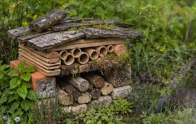 Naturnaher Unterschlupf aus Holz Rinde und Pflanzenstängeln im Garten; Thema Bambus Sichtschutz, Schwerpunkt Materialwahl; Praxisalltag.