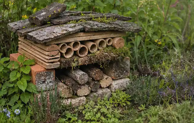 Naturnaher Unterschlupf aus Holz Rinde und Pflanzenstängeln im Garten; Thema Bambus Sichtschutz, Schwerpunkt Nachhaltigkeit; Ausgangslage.