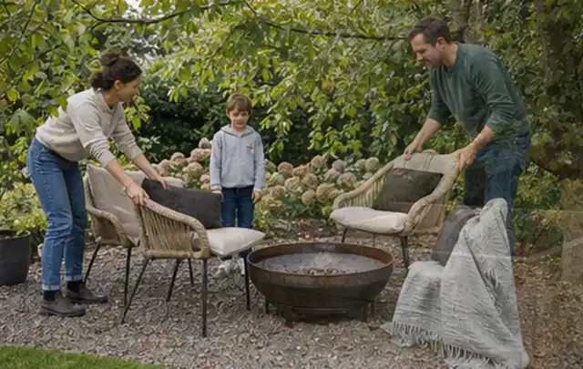 Familie stellt wetterfeste Sessel an einem geschützten Sitzplatz im Garten auf; Thema Bambus Sichtschutz, Schwerpunkt Planung; Kontrolle.