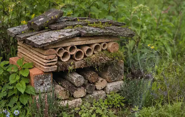 Naturnaher Unterschlupf aus Holz Rinde und Pflanzenstängeln im Garten; Thema Bambus Sichtschutz, Schwerpunkt Planung; Ergebnis.