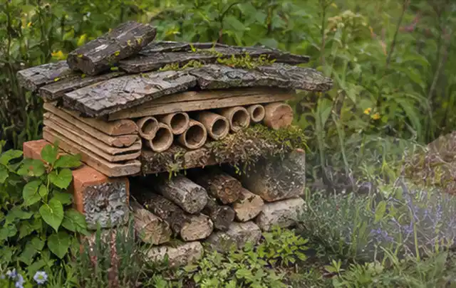 Naturnaher Unterschlupf aus Holz Rinde und Pflanzenstängeln im Garten; Thema Bambus Sichtschutz, Schwerpunkt Standort; Ergebnis.