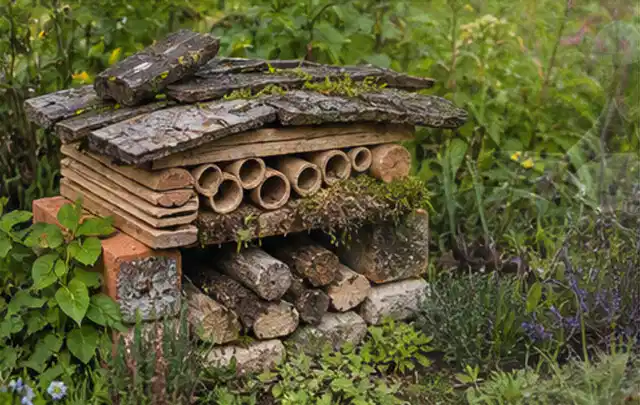 Naturnaher Unterschlupf aus Holz Rinde und Pflanzenstängeln im Garten; Thema Bambus Sichtschutz, Schwerpunkt Winterschutz; Umsetzung.