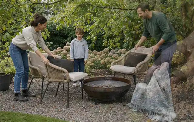 Familie stellt wetterfeste Sessel an einem geschützten Sitzplatz im Garten auf; Thema Bambus Sichtschutz, Schwerpunkt Winterschutz; Praxisalltag.