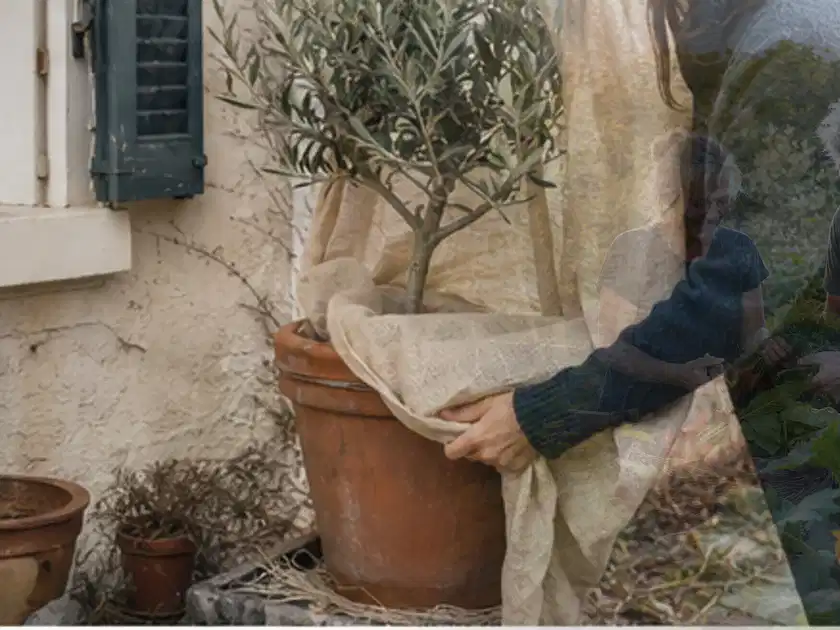Person umhüllt eine mediterrane Kübelpflanze mit atmungsaktivem Winterschutz; Thema Bambus, Schwerpunkt Sortenwahl; Titelbild.