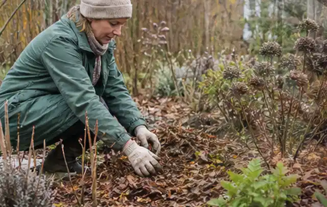 Person verteilt eine schützende Mulchschicht zwischen winterlichen Stauden; Thema Bambus, Schwerpunkt Standort; Ausgangslage.