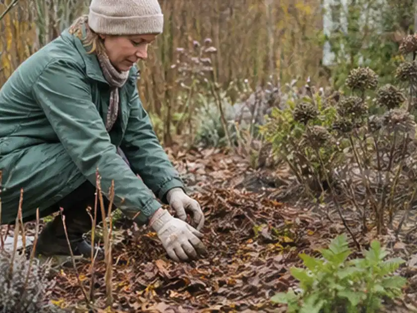 Person verteilt eine schützende Mulchschicht zwischen winterlichen Stauden; Thema Bambus, Schwerpunkt Topfkultur; Titelbild.