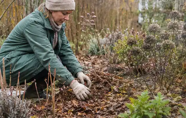 Person verteilt eine schützende Mulchschicht zwischen winterlichen Stauden; Thema Bambus, Schwerpunkt Vermehrung; Umsetzung.