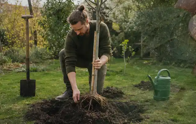 Person setzt einen jungen Zierbaum in ein vorbereitetes Pflanzloch im Garten; Thema Bambus, Schwerpunkt Winterpflege; Umsetzung.