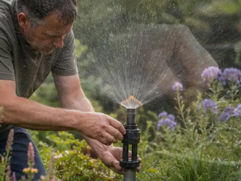 Person richtet einen laufenden Gartensprenger zwischen Stauden präzise aus; Thema Begonien, Schwerpunkt Bewässerung; Titelbild.