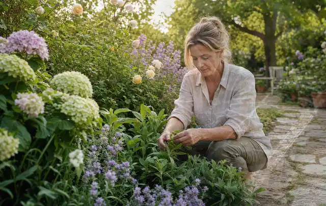 Person pflegt üppige Pflanzen in einem natürlich beleuchteten Garten; Thema Begonien, Schwerpunkt Bewässerung; Ausgangslage.