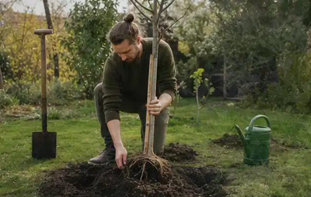 Person setzt einen jungen Zierbaum in ein vorbereitetes Pflanzloch im Garten; Thema Begonien, Schwerpunkt Blumen; Ausgangslage.