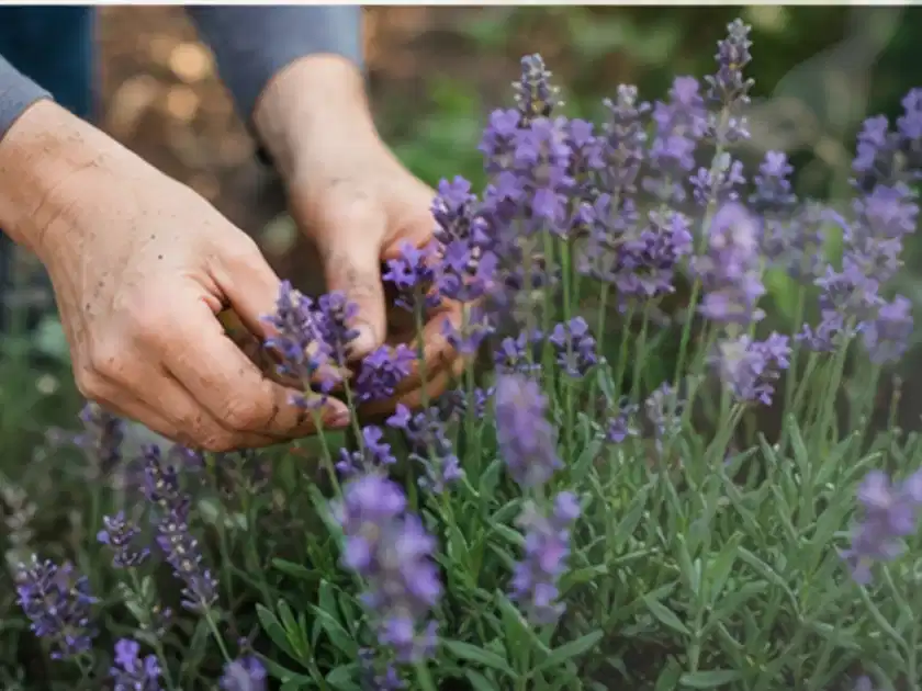 Hände pflegen blühenden Lavendel in einem natürlich angelegten Gartenbeet; Thema Begonien, Schwerpunkt Boden; Titelbild.