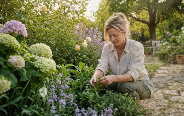 Person pflegt üppige Pflanzen in einem natürlich beleuchteten Garten; Thema Begonien, Schwerpunkt Einsteigerwissen; Umsetzung.