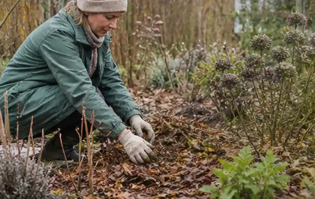 Person verteilt eine schützende Mulchschicht zwischen winterlichen Stauden; Thema Begonien, Schwerpunkt Einsteigerwissen; Kontrolle.