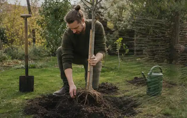 Person setzt einen jungen Zierbaum in ein vorbereitetes Pflanzloch im Garten; Thema Begonien, Schwerpunkt Gartenpraxis; Kontrolle.