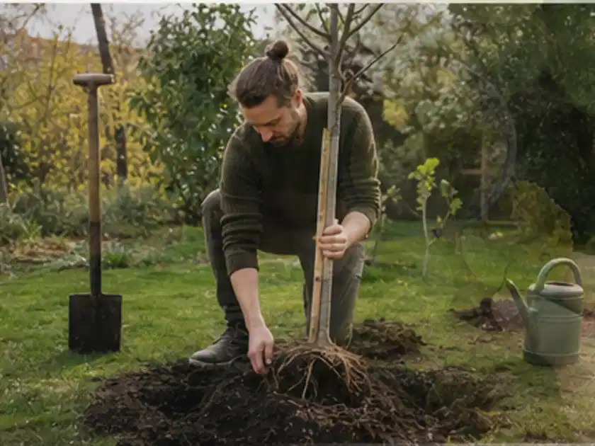 Person setzt einen jungen Zierbaum in ein vorbereitetes Pflanzloch im Garten; Thema Begonien, Schwerpunkt Jahrespflege; Titelbild.