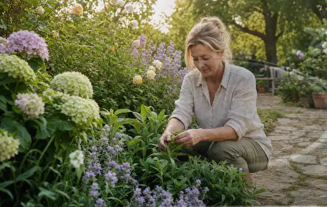 Person pflegt üppige Pflanzen in einem natürlich beleuchteten Garten; Thema Begonien, Schwerpunkt Pflanzenschutz; Ausgangslage.