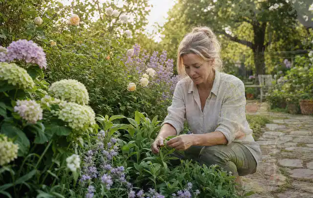 Person pflegt üppige Pflanzen in einem natürlich beleuchteten Garten; Thema Begonien, Schwerpunkt Rückschnitt; Kontrolle.