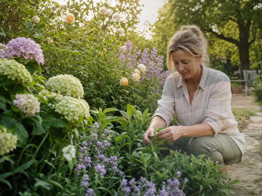 Person pflegt üppige Pflanzen in einem natürlich beleuchteten Garten; Thema Begonien, Schwerpunkt Sortenwahl; Titelbild.