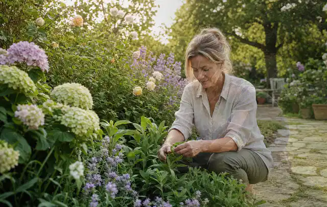 Person pflegt üppige Pflanzen in einem natürlich beleuchteten Garten; Thema Begonien, Schwerpunkt Standort; Ergebnis.