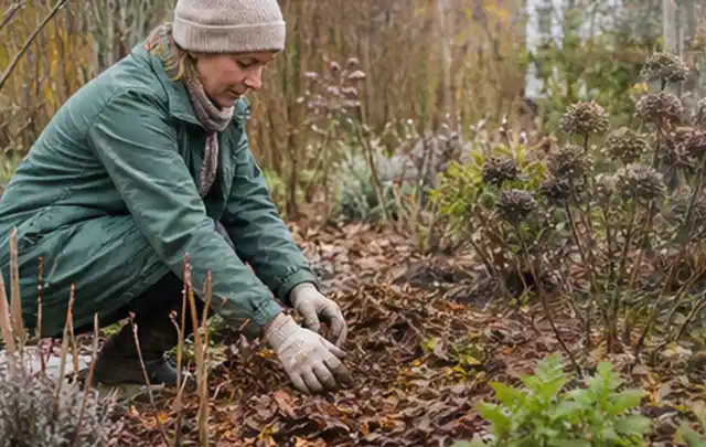 Person verteilt eine schützende Mulchschicht zwischen winterlichen Stauden; Thema Begonien, Schwerpunkt Topfkultur; Praxisalltag.