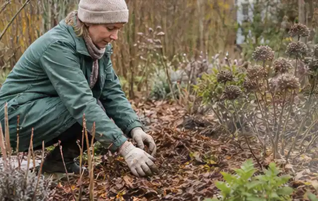 Person verteilt eine schützende Mulchschicht zwischen winterlichen Stauden; Thema Begonien, Schwerpunkt Vermehrung; Praxisalltag.