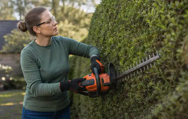 Person schneidet eine dichte Gartenhecke mit Schutzbrille und sicherem Stand; Thema Bestseller Einordnung, Schwerpunkt Produktberatung; Kontrolle.