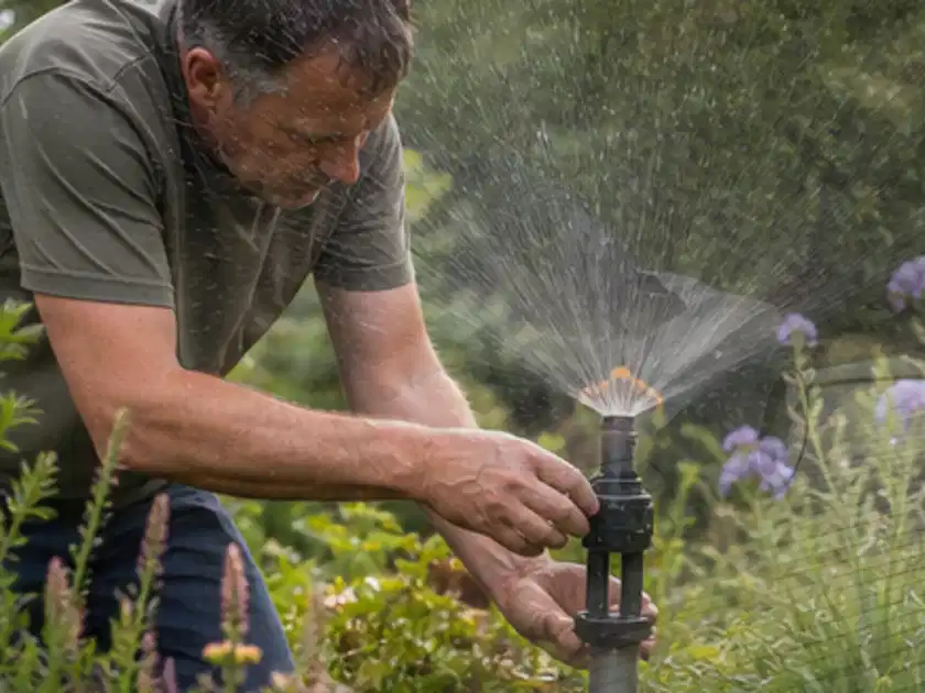 Person richtet einen laufenden Gartensprenger zwischen Stauden präzise aus; Thema Bewässerungscomputer, Schwerpunkt Anwendung; Titelbild.