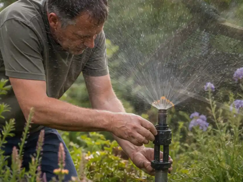 Person richtet einen laufenden Gartensprenger zwischen Stauden präzise aus; Thema Bewässerungscomputer, Schwerpunkt Checkliste; Titelbild.