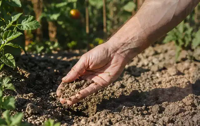 Hand prüft trockene krümelige Gartenerde während einer warmen Sommerphase; Thema Bewässerungscomputer, Schwerpunkt Dimensionierung; Kontrolle.