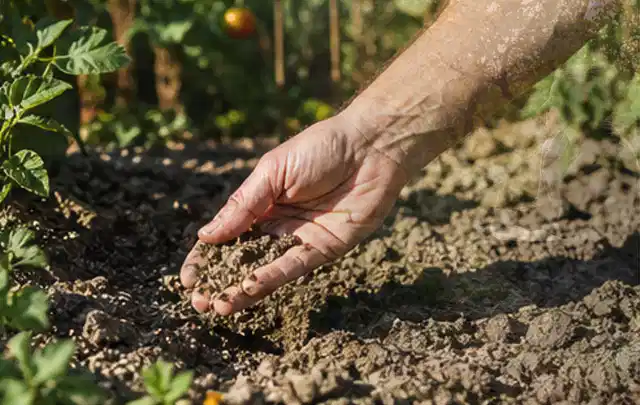 Hand prüft trockene krümelige Gartenerde während einer warmen Sommerphase; Thema Bewässerungscomputer, Schwerpunkt Gärten mit großer Fläche; Praxisalltag.