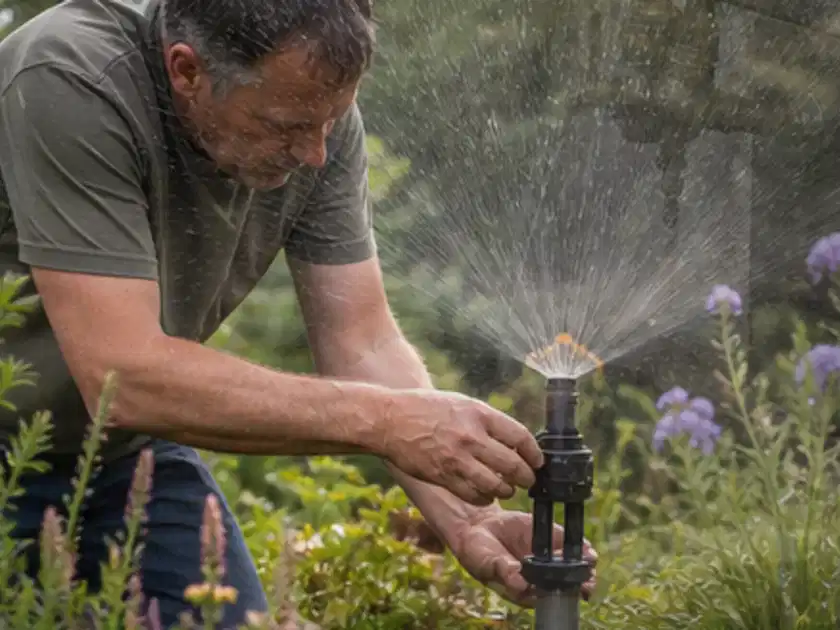 Person richtet einen laufenden Gartensprenger zwischen Stauden präzise aus; Thema Bewässerungscomputer, Schwerpunkt Gärten mit kleiner Fläche; Titelbild.