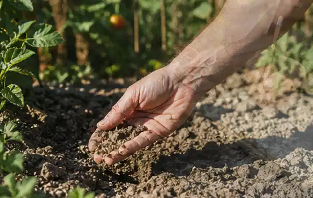Hand prüft trockene krümelige Gartenerde während einer warmen Sommerphase; Thema Bewässerungscomputer, Schwerpunkt Gärten mit kleiner Fläche; Umsetzung.