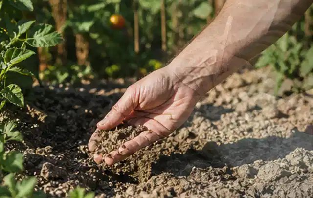 Hand prüft trockene krümelige Gartenerde während einer warmen Sommerphase; Thema Bewässerungscomputer, Schwerpunkt Kosten; Ergebnis.