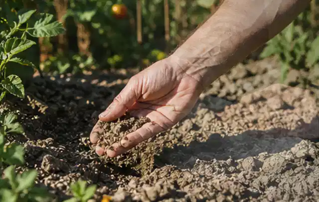 Hand prüft trockene krümelige Gartenerde während einer warmen Sommerphase; Thema Bewässerungscomputer, Schwerpunkt Nachhaltigkeit; Ausgangslage.