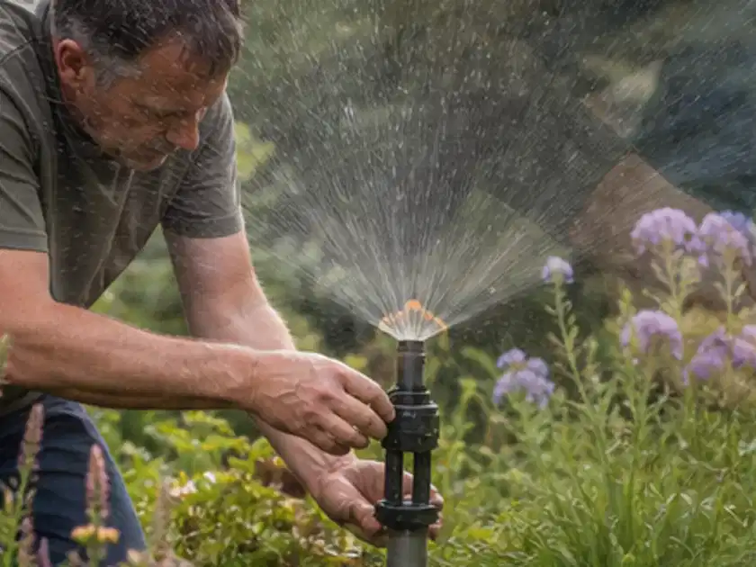 Person richtet einen laufenden Gartensprenger zwischen Stauden präzise aus; Thema Bewässerungscomputer, Schwerpunkt Reparatur; Titelbild.