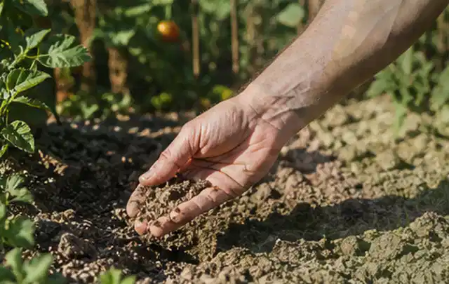 Hand prüft trockene krümelige Gartenerde während einer warmen Sommerphase; Thema Bewässerungscomputer, Schwerpunkt Reparatur; Ausgangslage.