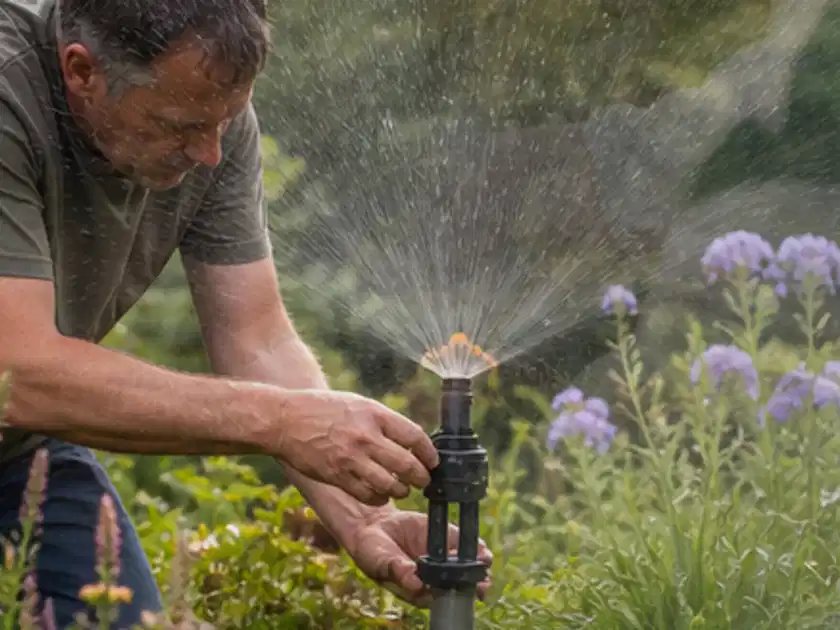 Person richtet einen laufenden Gartensprenger zwischen Stauden präzise aus; Thema Bewässerungscomputer, Schwerpunkt Sicherheit; Titelbild.