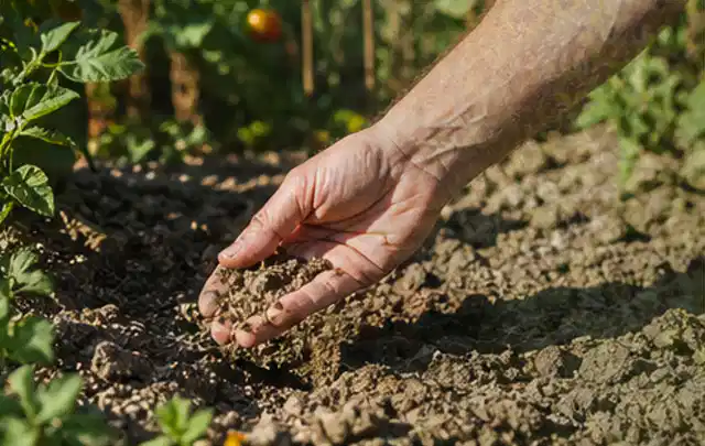 Hand prüft trockene krümelige Gartenerde während einer warmen Sommerphase; Thema Bewässerungscomputer, Schwerpunkt Vergleich; Ergebnis.
