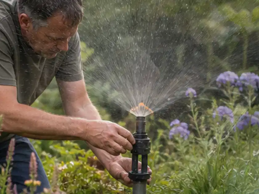 Person richtet einen laufenden Gartensprenger zwischen Stauden präzise aus; Thema Bewässerungscomputer, Schwerpunkt Wartung; Titelbild.