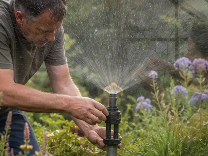 Person richtet einen laufenden Gartensprenger zwischen Stauden präzise aus; Thema Bewässerungscomputer, Schwerpunkt Winterlager; Titelbild.