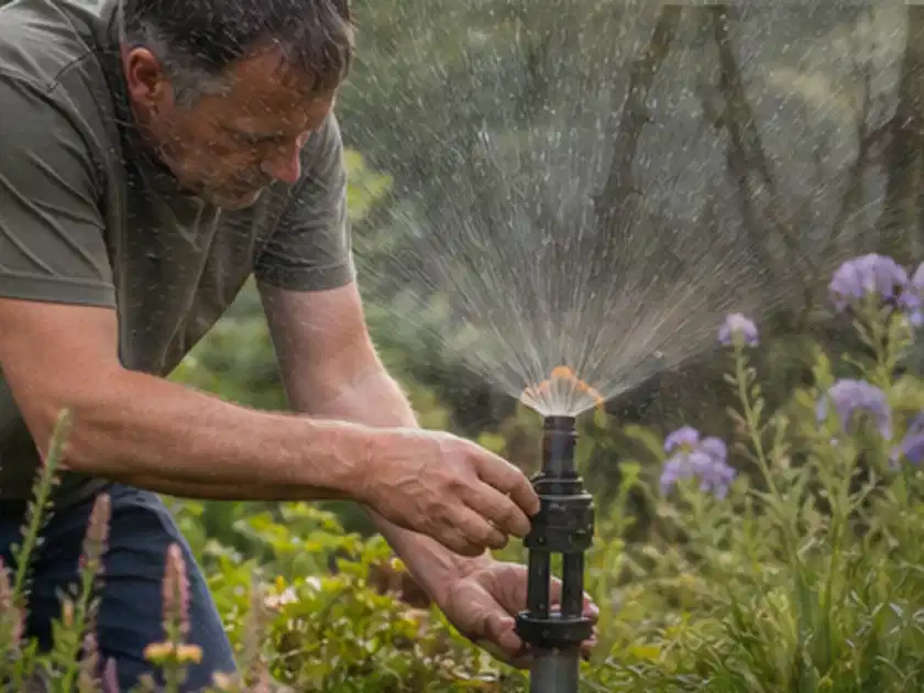 Person richtet einen laufenden Gartensprenger zwischen Stauden präzise aus; Thema Bewässerungspumpen, Schwerpunkt Anwendung; Titelbild.