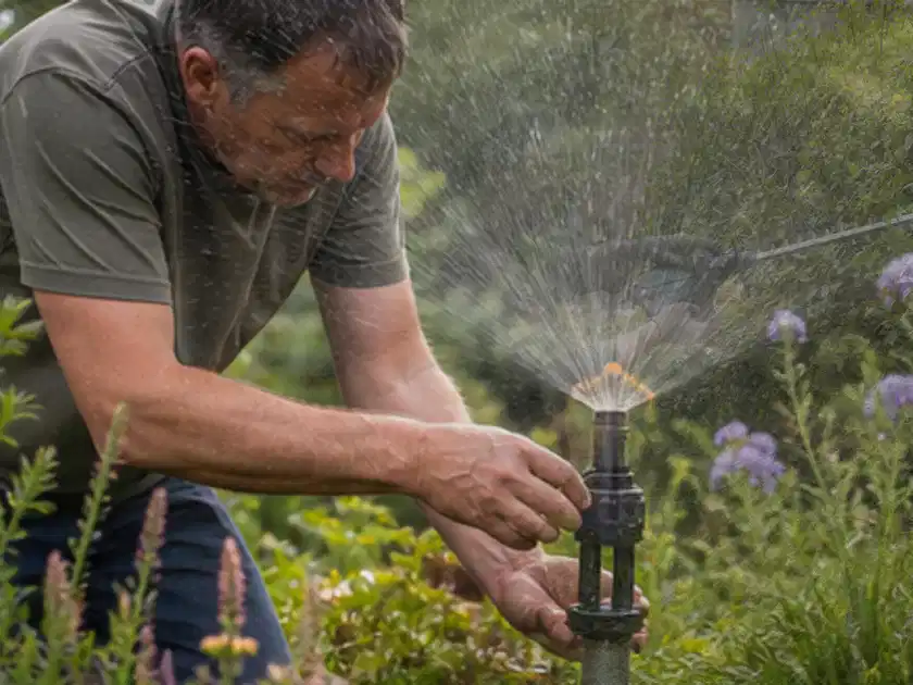 Person richtet einen laufenden Gartensprenger zwischen Stauden präzise aus; Thema Bewässerungspumpen, Schwerpunkt Bestenliste; Titelbild.