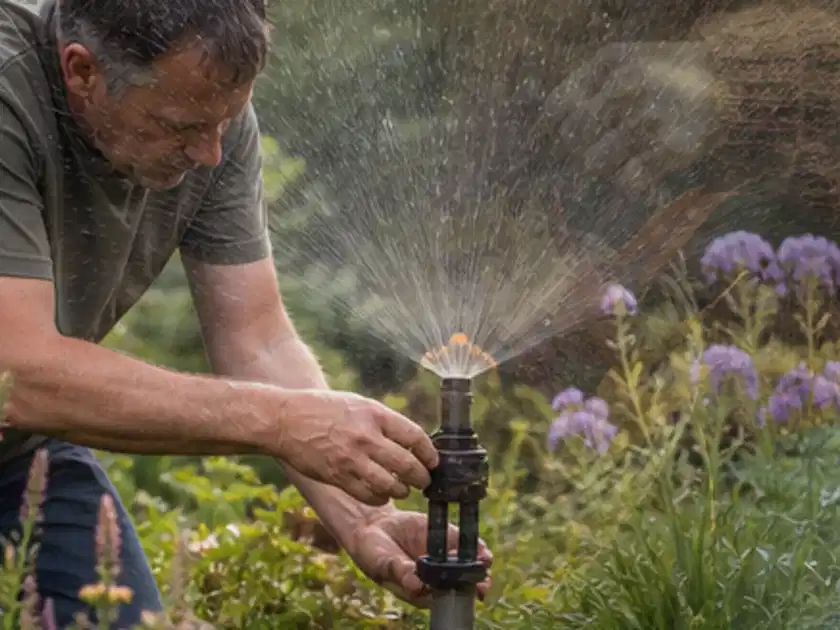 Person richtet einen laufenden Gartensprenger zwischen Stauden präzise aus; Thema Bewässerungspumpen, Schwerpunkt Checkliste; Titelbild.