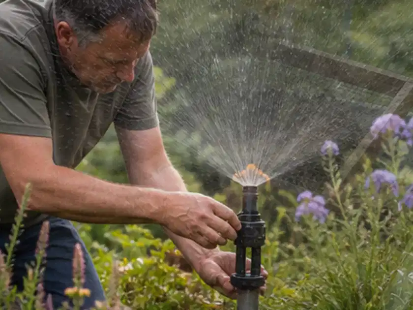 Person richtet einen laufenden Gartensprenger zwischen Stauden präzise aus; Thema Bewässerungspumpen, Schwerpunkt Fehlerhilfe; Titelbild.