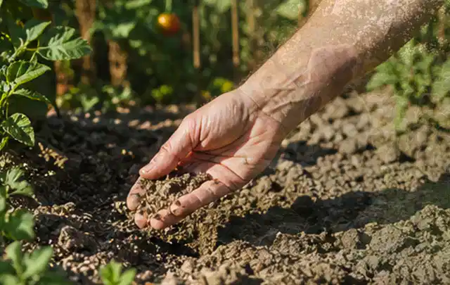 Hand prüft trockene krümelige Gartenerde während einer warmen Sommerphase; Thema Bewässerungspumpen, Schwerpunkt Fehlerhilfe; Ergebnis.