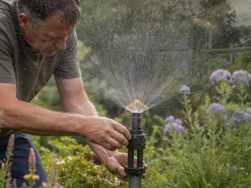 Person richtet einen laufenden Gartensprenger zwischen Stauden präzise aus; Thema Bewässerungspumpen, Schwerpunkt Gärten mit kleiner Fläche; Titelbild.