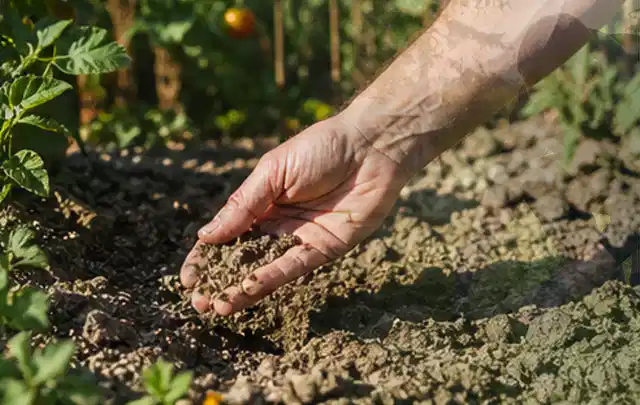 Hand prüft trockene krümelige Gartenerde während einer warmen Sommerphase; Thema Bewässerungspumpen, Schwerpunkt Kosten; Ausgangslage.