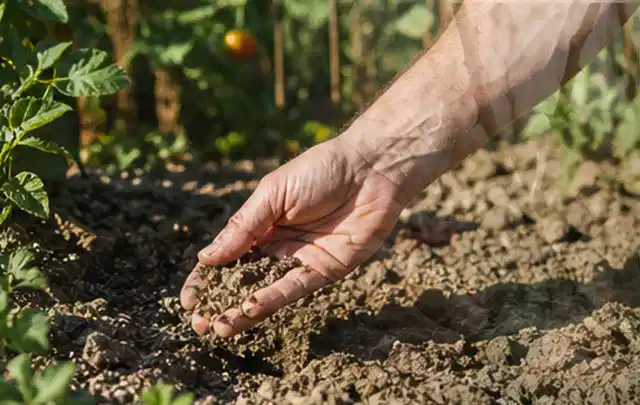 Hand prüft trockene krümelige Gartenerde während einer warmen Sommerphase; Thema Bewässerungspumpen, Schwerpunkt Leistung; Ausgangslage.